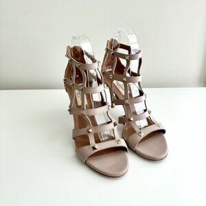 VALENTINO GARAVANI Rockstud Caged Leather Ankle Zip Heels Sandals Taupe